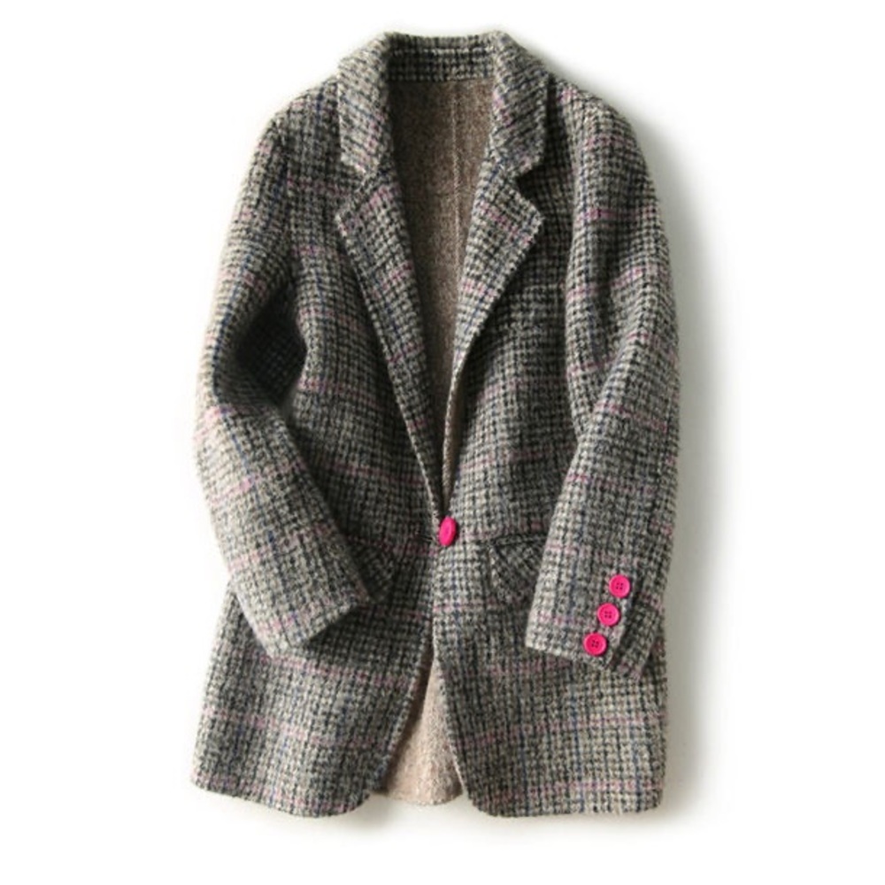 Vintage-Inspired Tweed Wool Blend Blazer – Chic Grey Check, Magenta Buttons